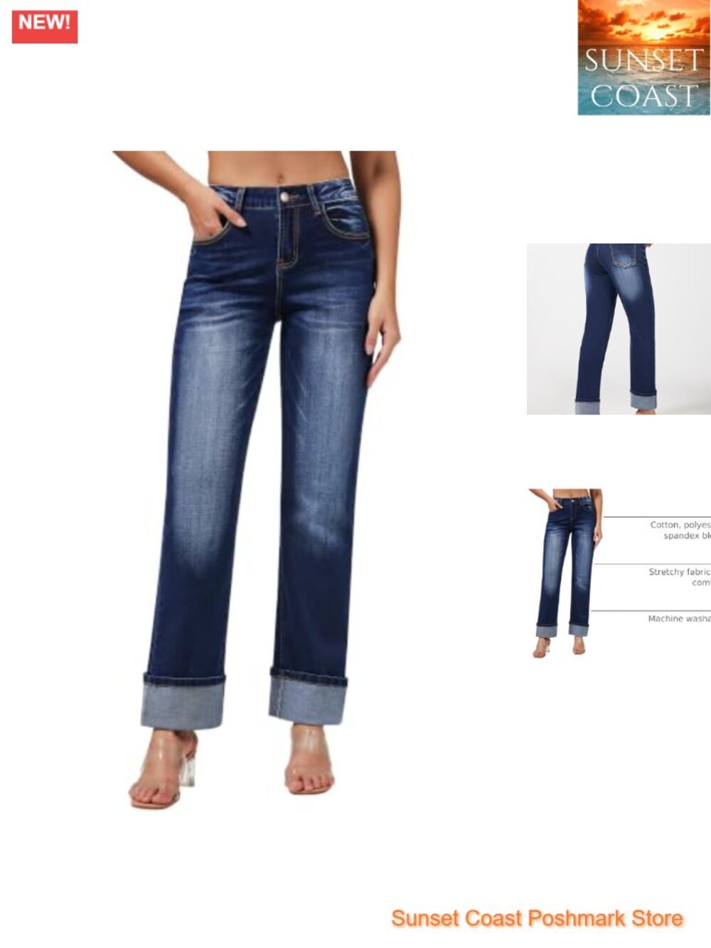 High Waisted Straight Leg Jeans Stretchy Cuffed Boyfriend Denim Pants